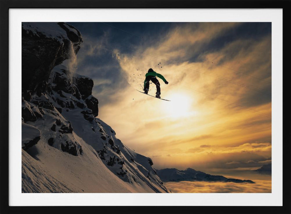 Snowboardåkning i solnedgången | Poster
