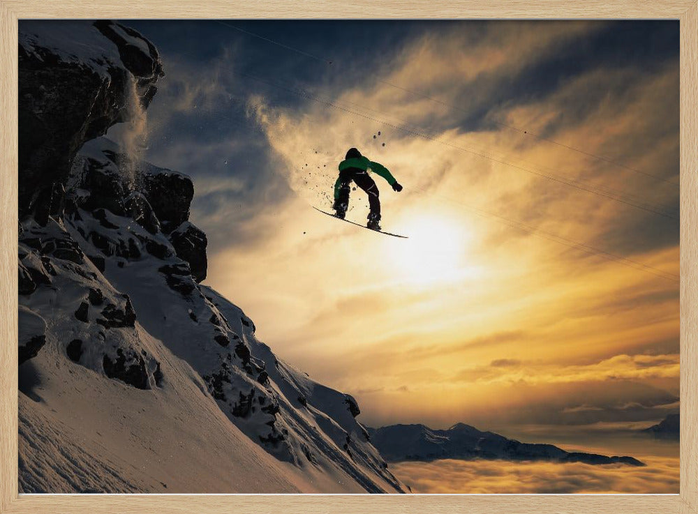 Snowboardåkning i solnedgången | Poster