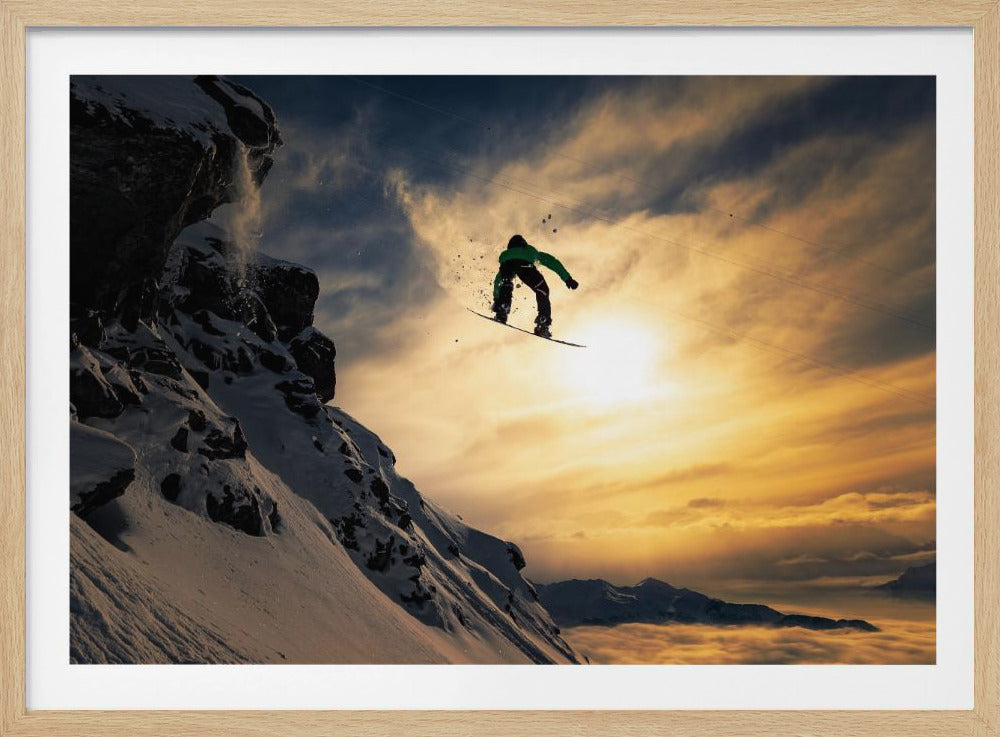 Snowboardåkning i solnedgången | Poster