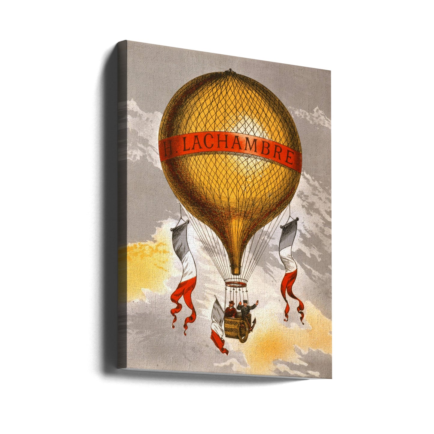 Ballong märkt med två män som rider i korgen 1880 | Duk
