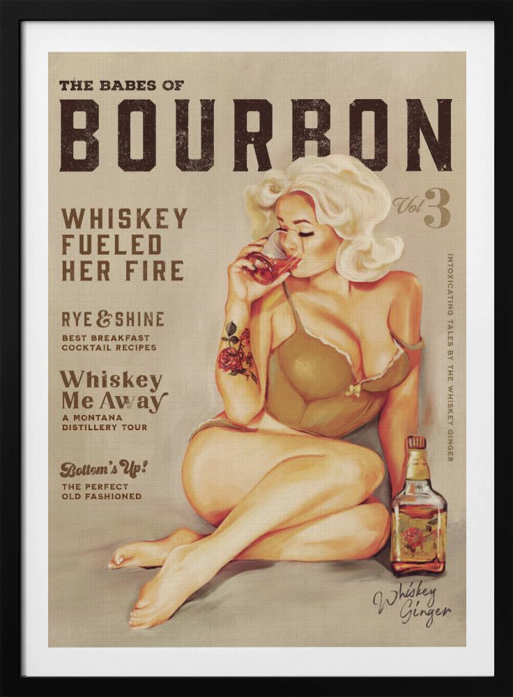 Väggkonst med bourbonmotiv. Sexig vintage-pinuppa som dricker whisky | Poster