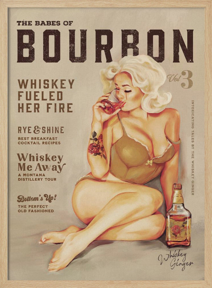 Väggkonst med bourbonmotiv. Sexig vintage-pinuppa som dricker whisky | Poster
