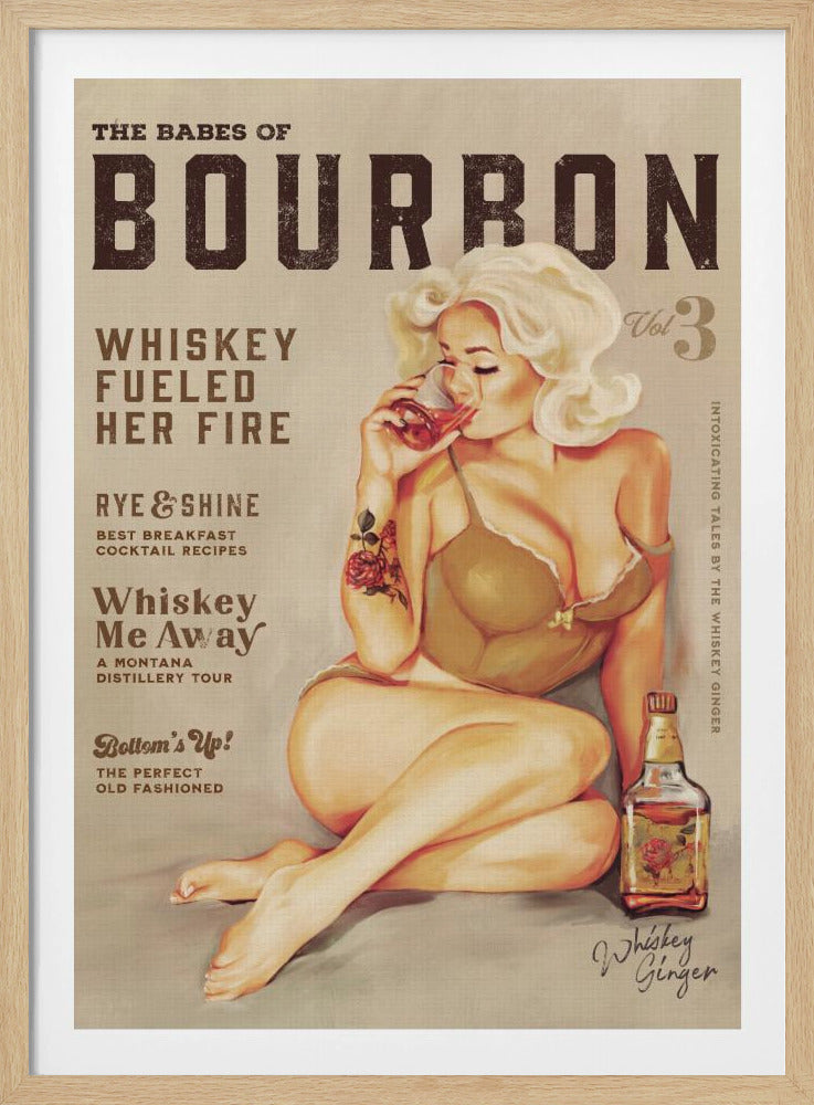 Väggkonst med bourbonmotiv. Sexig vintage-pinuppa som dricker whisky | Poster