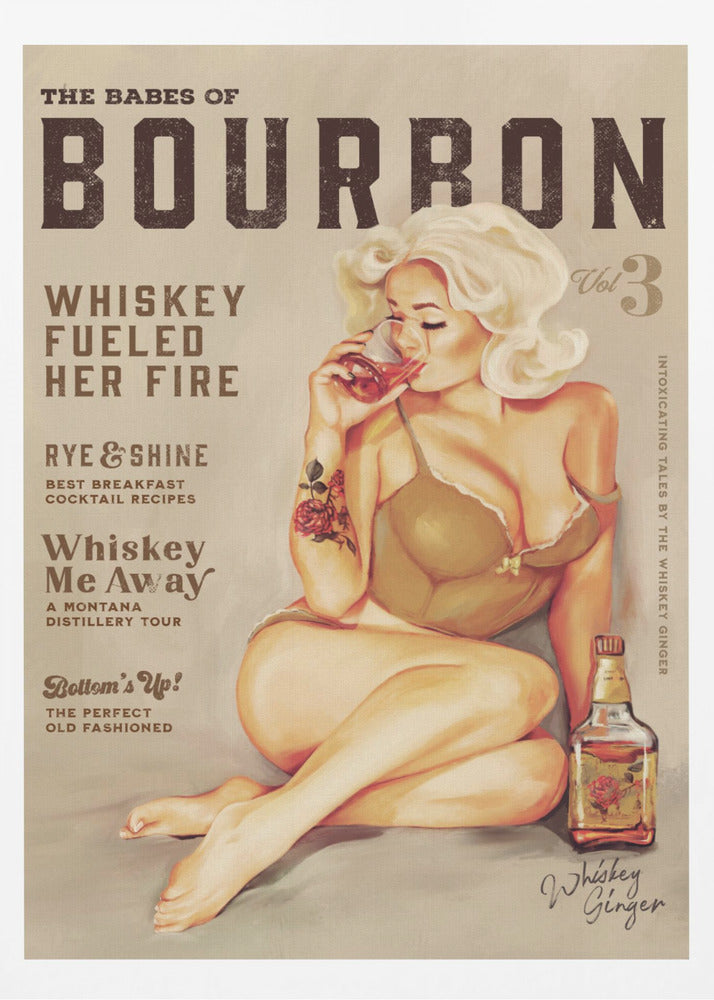 Väggkonst med bourbonmotiv. Sexig vintage-pinuppa som dricker whisky | Poster