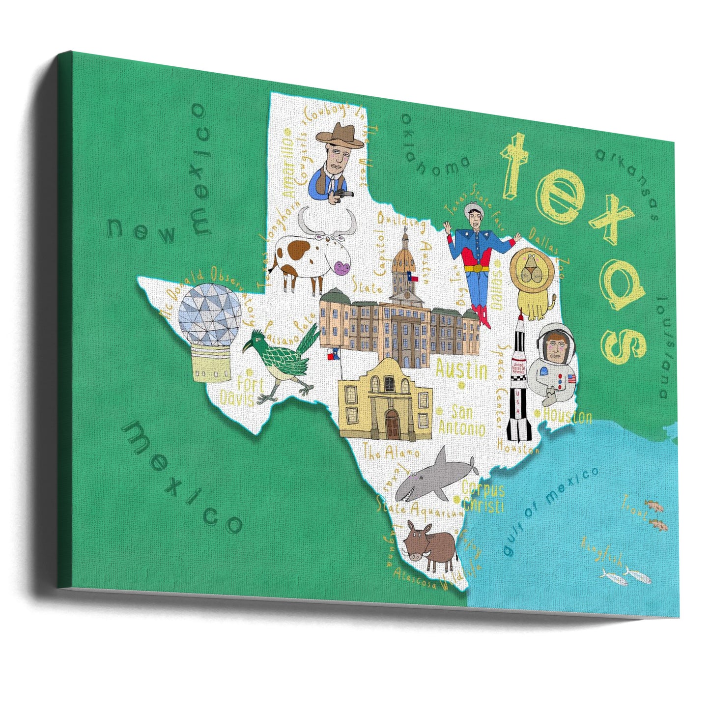 Illustration av karta över delstaten Texas av kartkonstnären Carla Daly | Canvas
