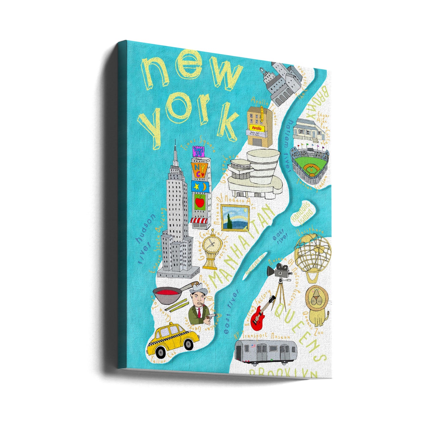 Färgglad illustrerad karta över New York av kartkonstnären Carla Daly | Canvas