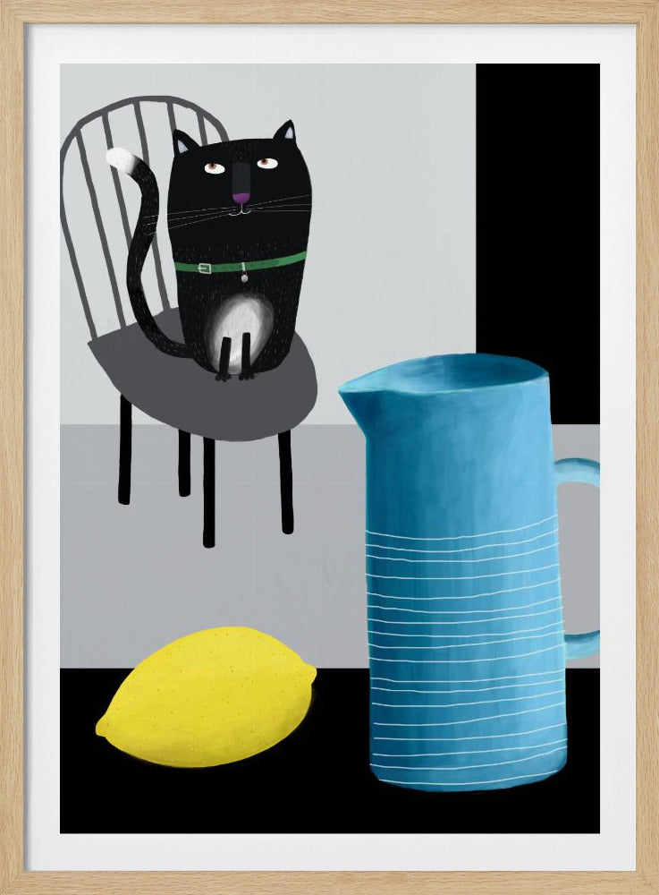 Söt svart katt sittande på en stol med blå vas och citron | Poster