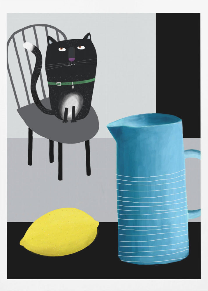 Söt svart katt sittande på en stol med blå vas och citron | Poster