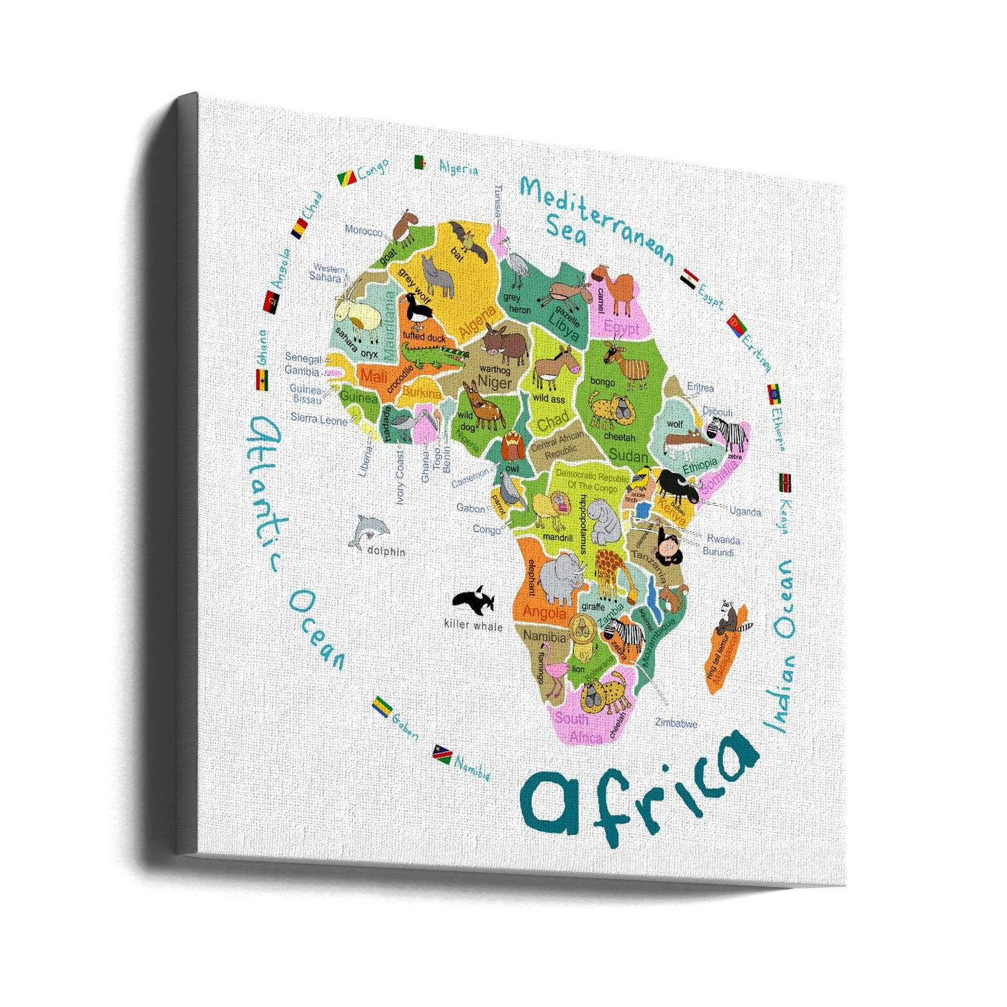 Illustrerad karta över Afrika med länder och söta djur av Carla Daly | Canvas