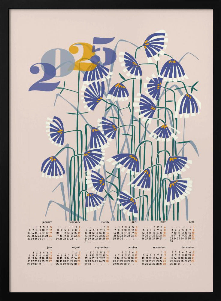 calendar 2025 Linocut flowers peachy pastel | Poster