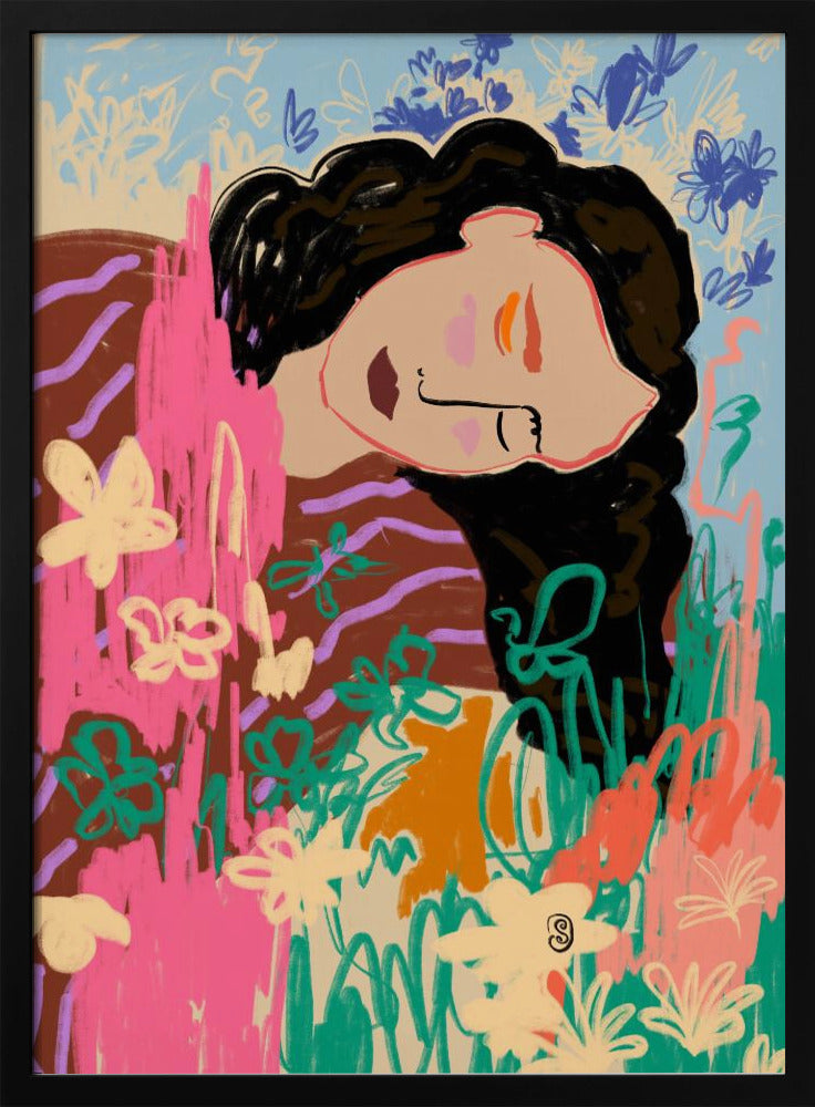 Uttrycksfull figur omgiven av färgglada blommor | Poster