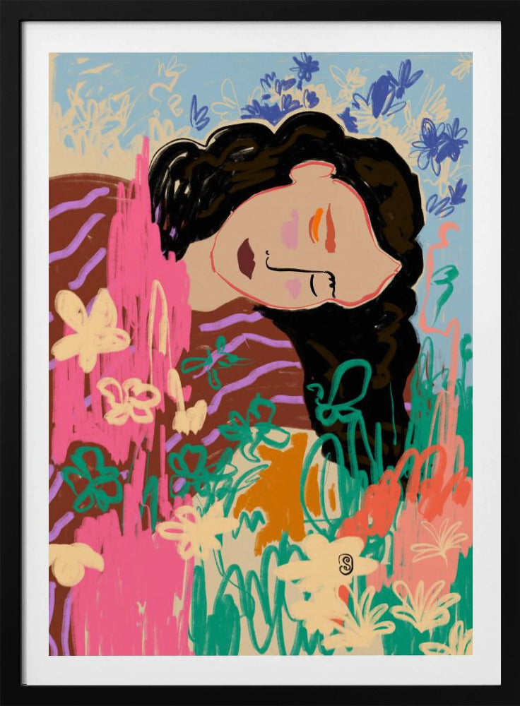 Uttrycksfull figur omgiven av färgglada blommor | Poster