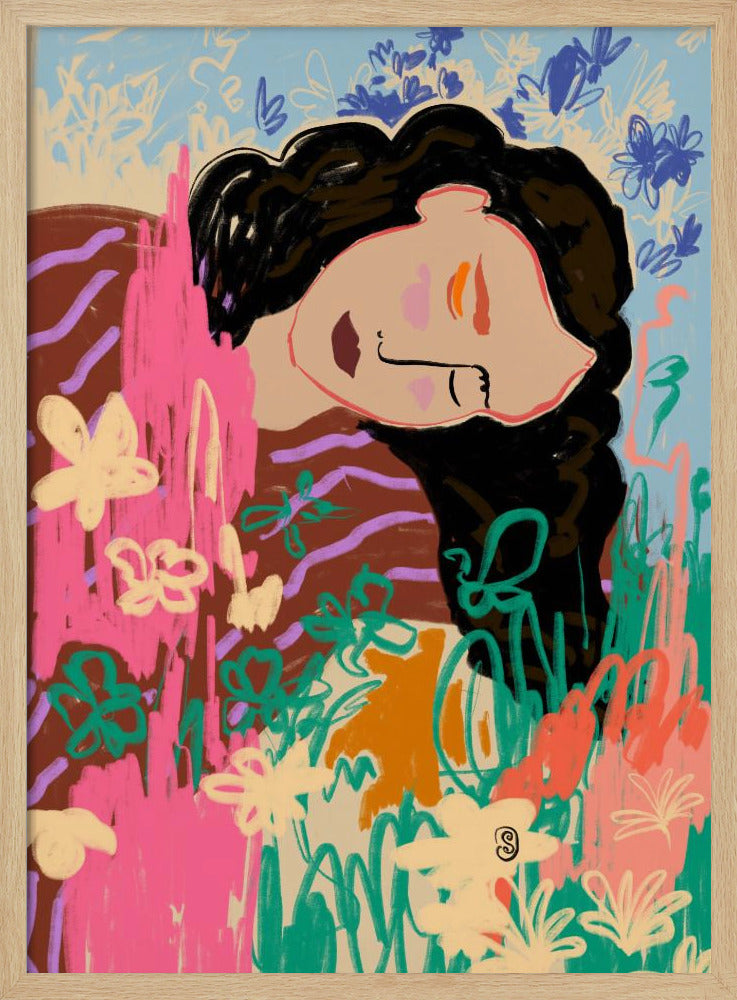 Uttrycksfull figur omgiven av färgglada blommor | Poster