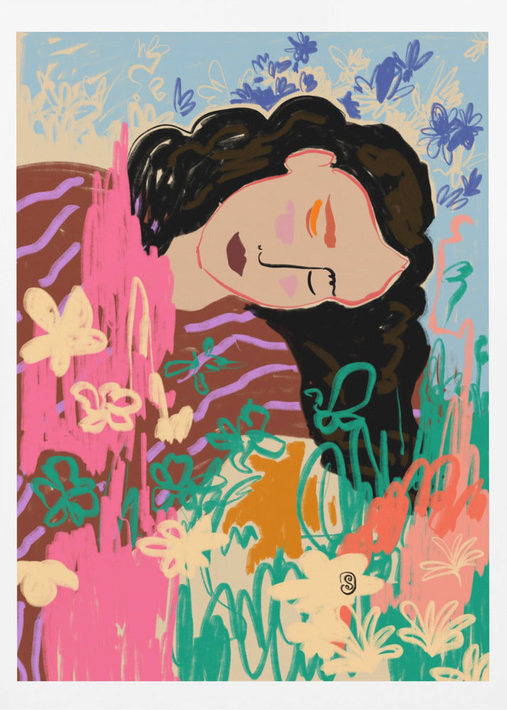 Uttrycksfull figur omgiven av färgglada blommor | Poster