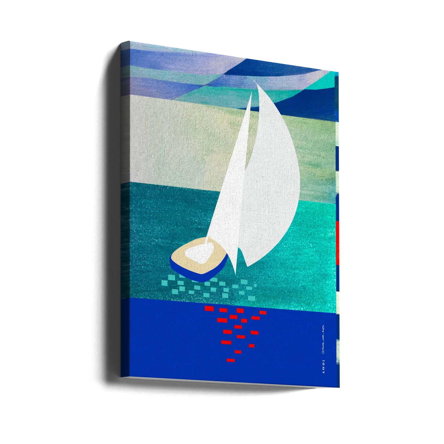 White Sailboat With Reflections, Abstract Sea Art With Graphic Stripes | Canvas