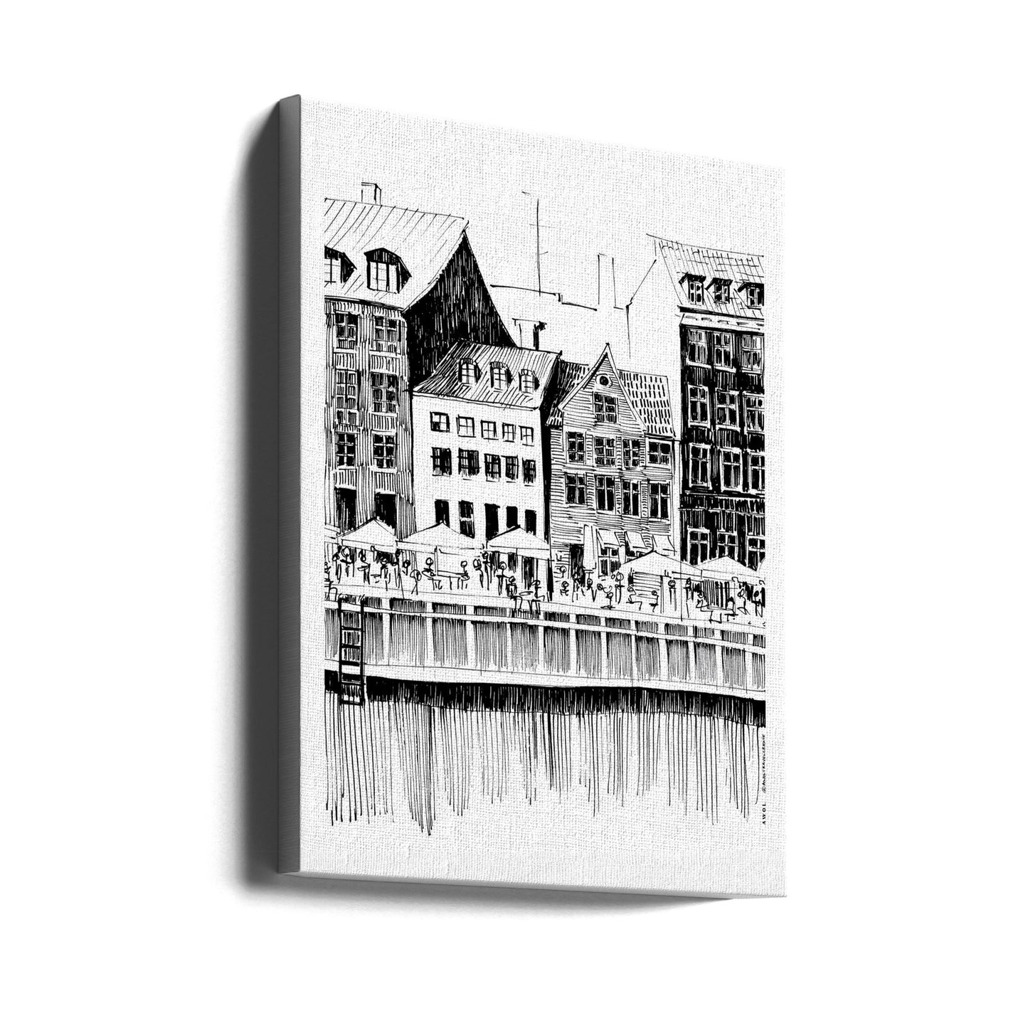 Konsttryck från Köpenhamn, reseillustration från Danmark med kaféer vid vattnet | Canvas