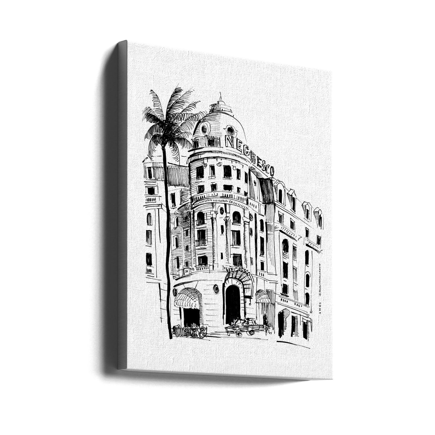 Kunsttryk fra Nice, den franske riviera, med en arkitektonisk tegning af Negresco Hotel | Lærredsbilleder