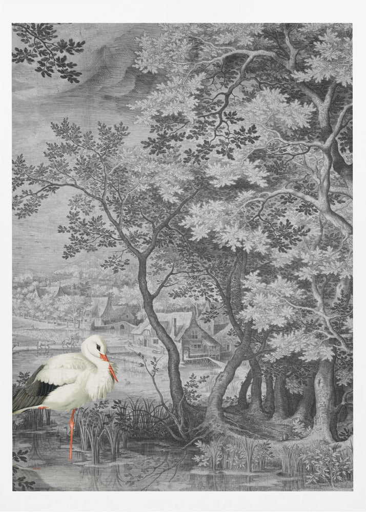 Vintagelandskap med stork | Poster