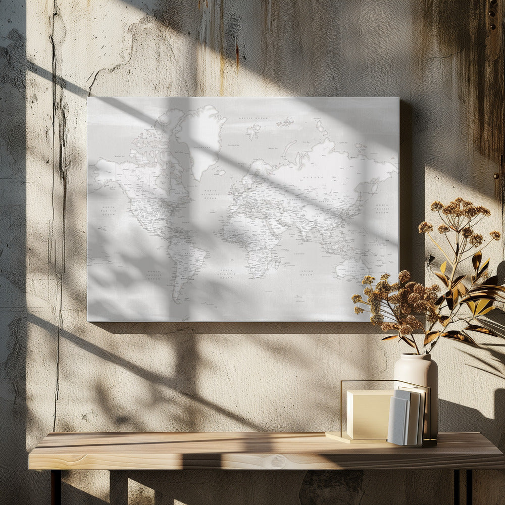 Detailed world map with cities, Maeli neutral | Canvas