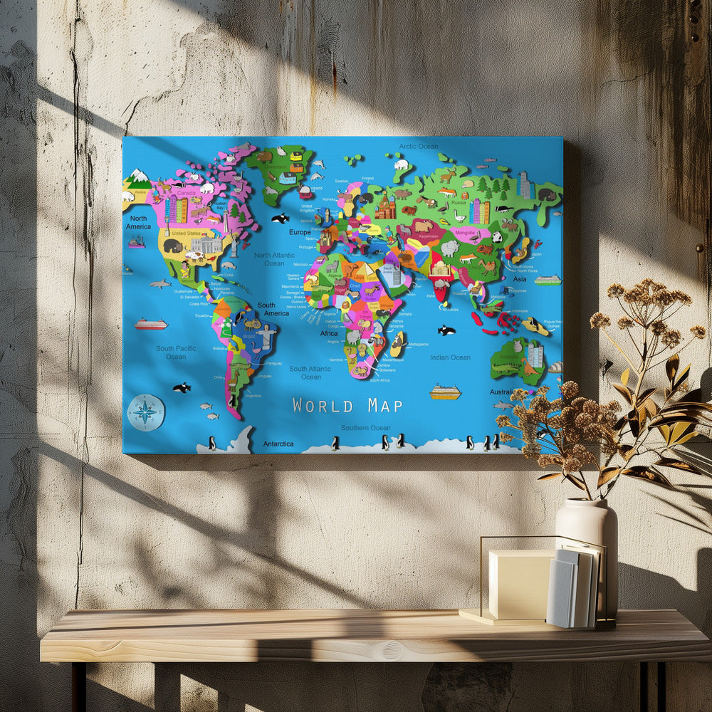 Illustrerad världskarta med länder och kontinenter av Carla Daly | Canvas