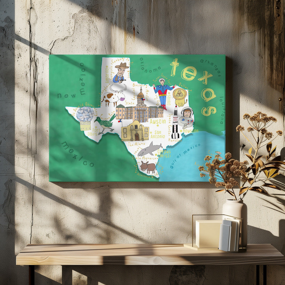 Illustration av karta över delstaten Texas av kartkonstnären Carla Daly | Canvas