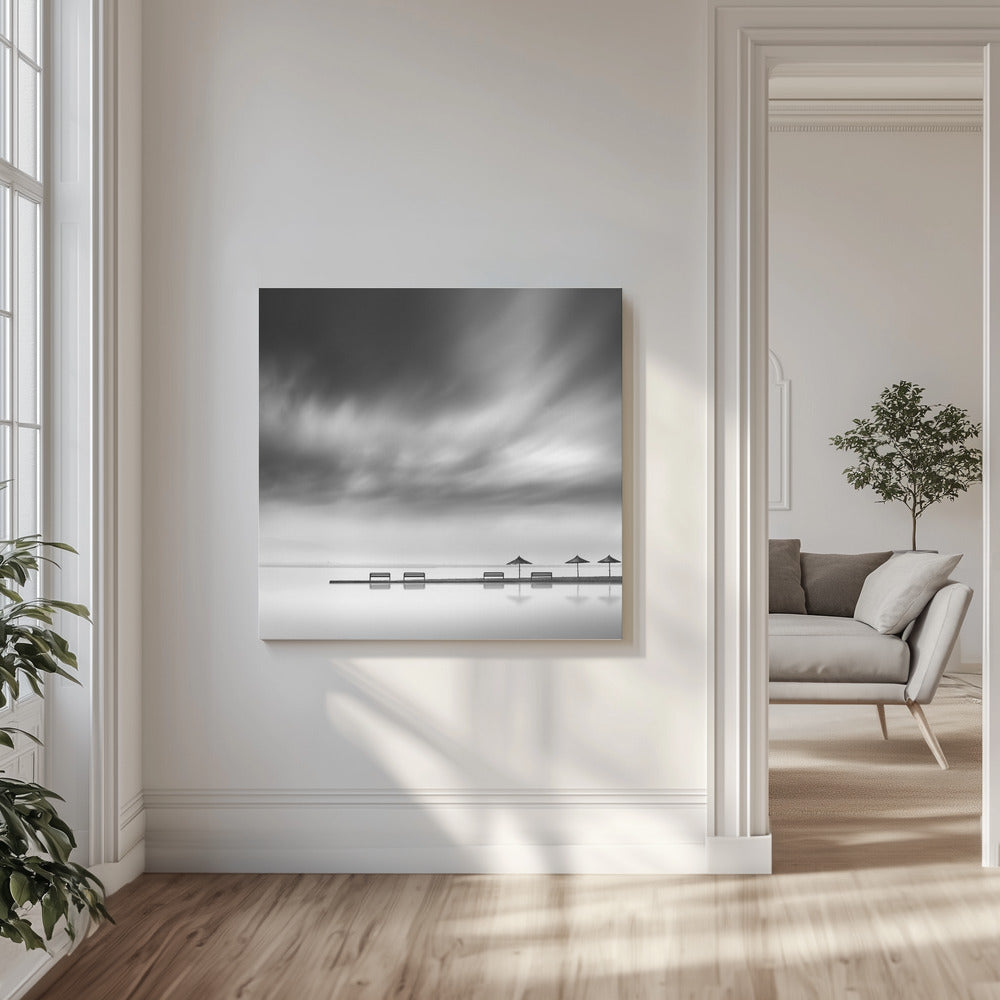 Fyra bänkar och tre parasoller | Canvas