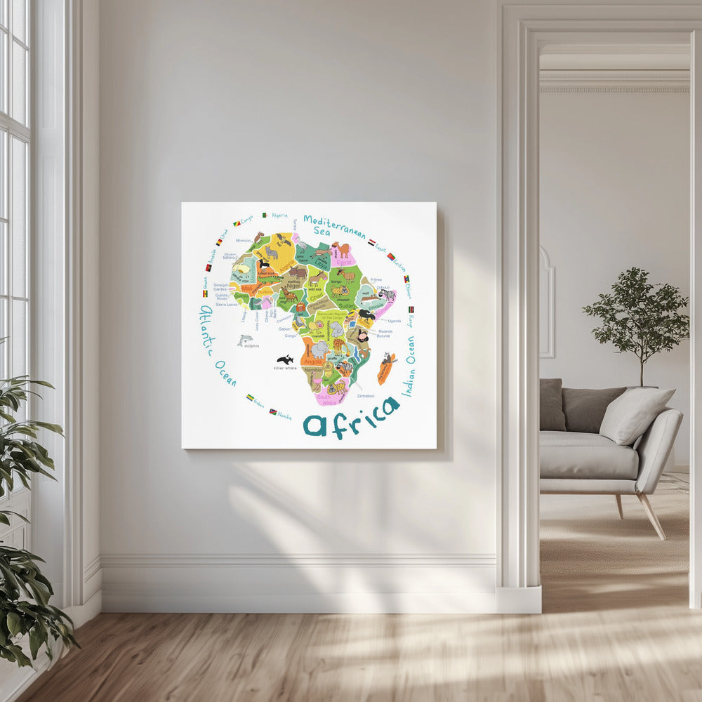 Illustrerad karta över Afrika med länder och söta djur av Carla Daly | Canvas