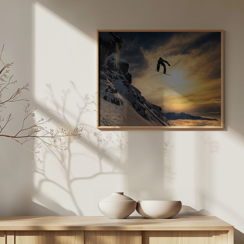 Snowboardåkning i solnedgången | Poster