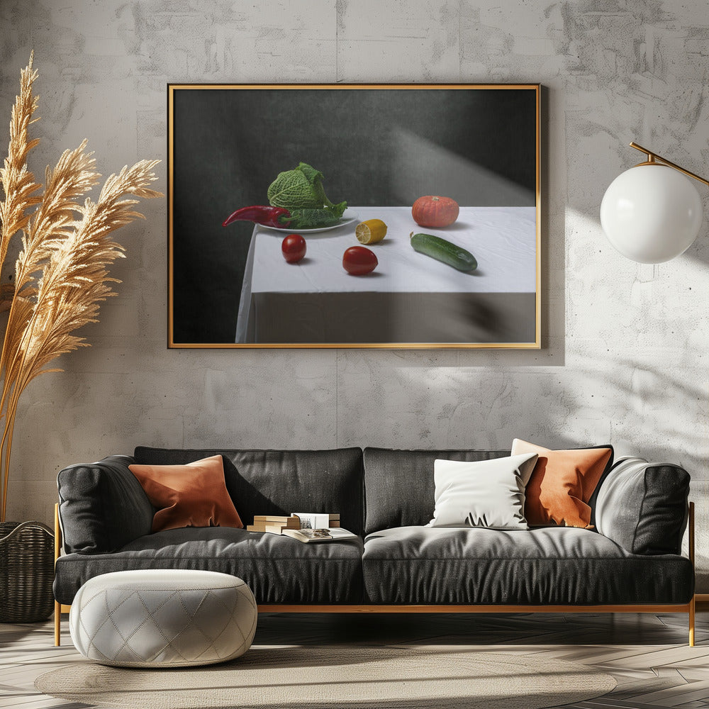 Still life with Savoy cabbage, tomatoes, cucumber, red pepper, lemon and pumpkin | Poster