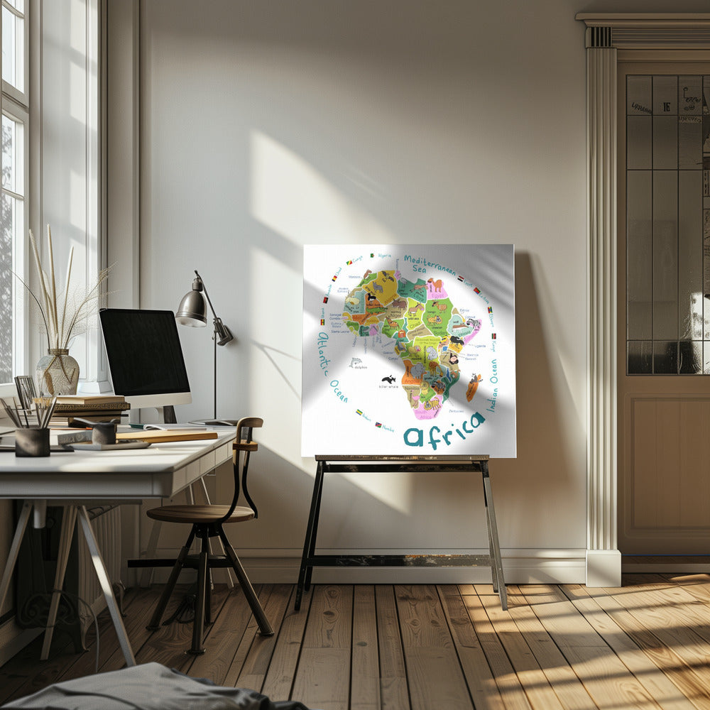 Illustrerad karta över Afrika med länder och söta djur av Carla Daly | Canvas