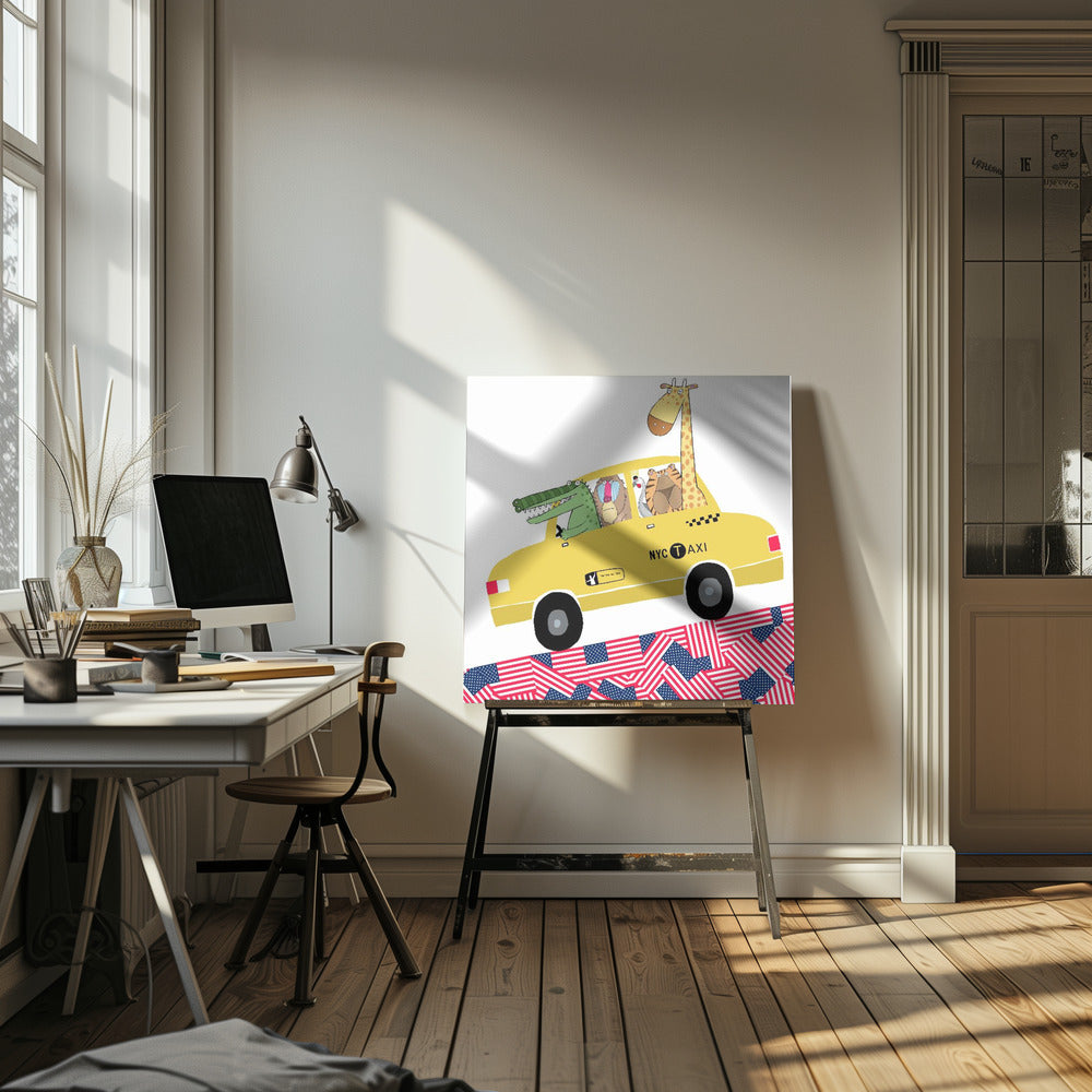 Roliga djur i en gul taxi i New York av konstnären Carla Daly | Canvas