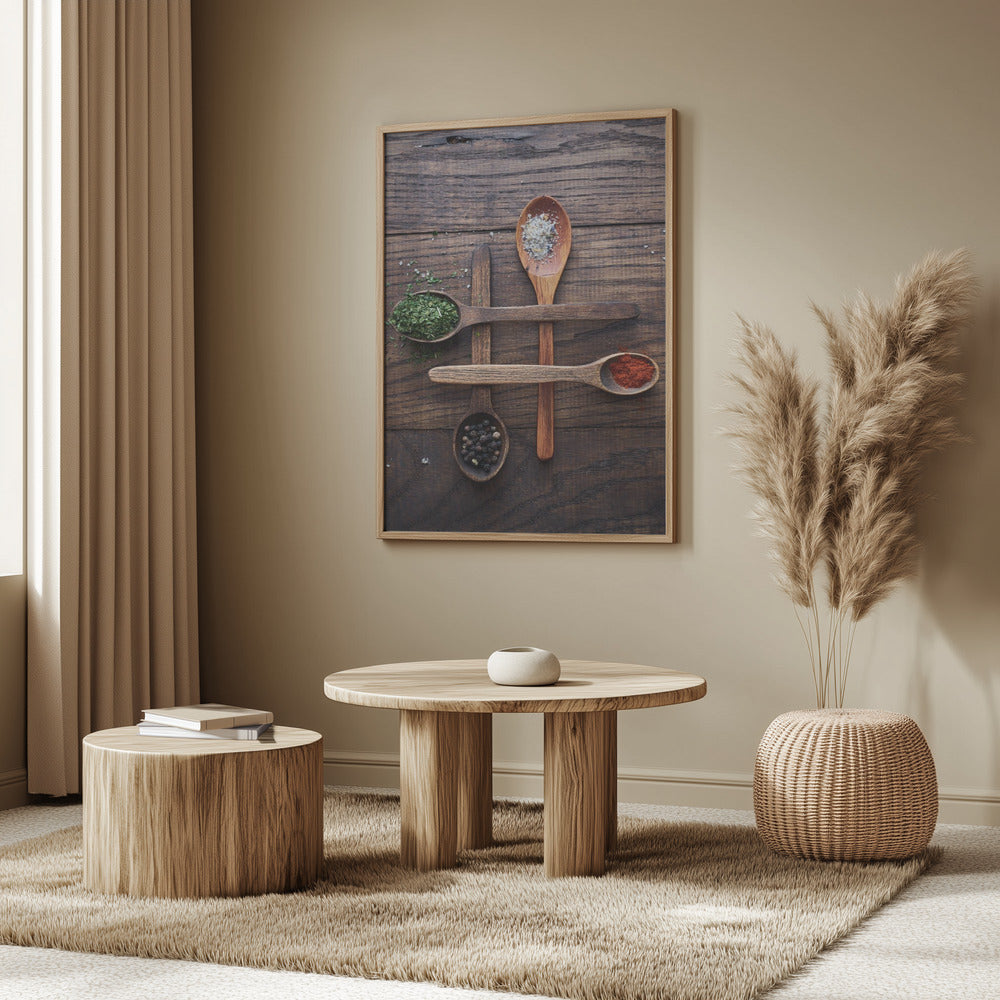 Träskedar med färgglada kryddor | Poster