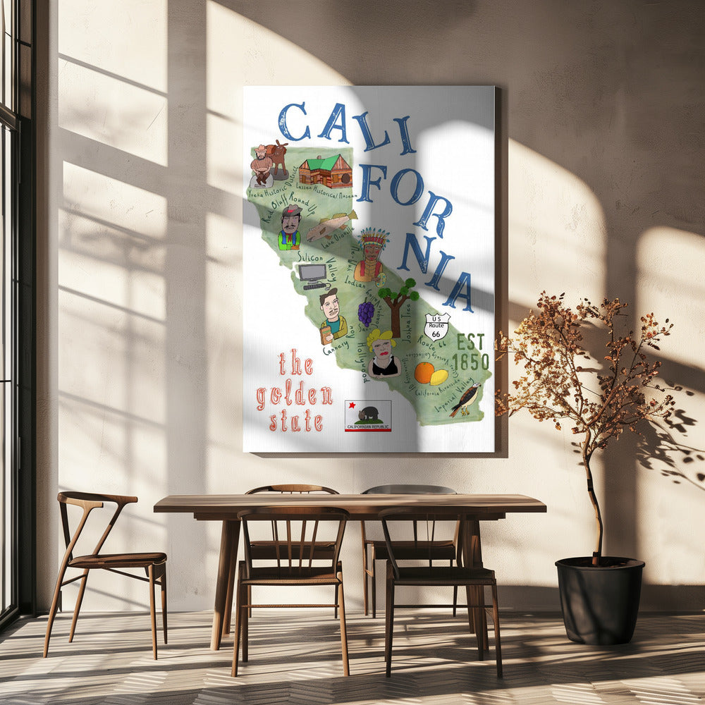 Illustrerad karta över Kalifornien med delstatsikoner av Carla Daly | Canvas