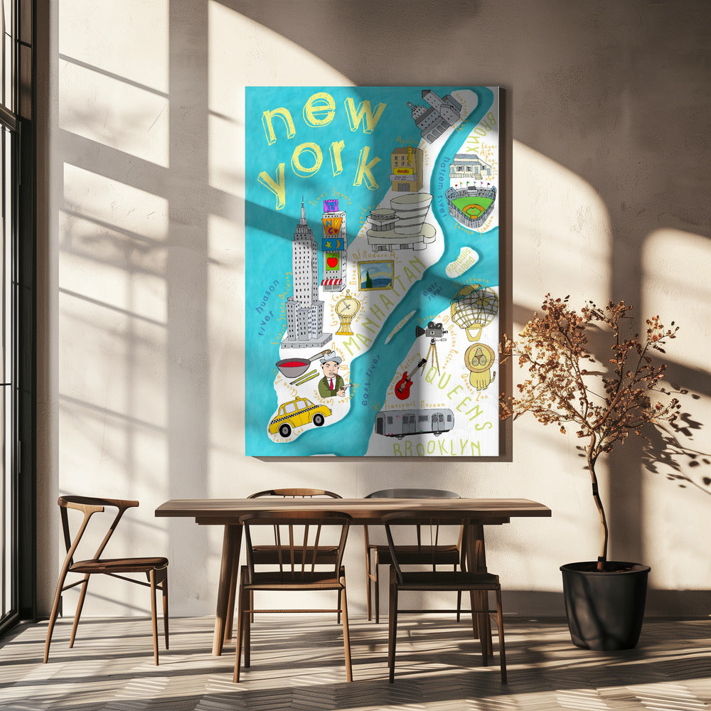 Färgglad illustrerad karta över New York av kartkonstnären Carla Daly | Canvas