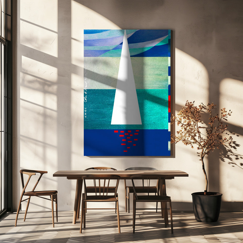 Abstrakt segelbåt på den franska rivieran, färgglad fransk riviera konsttryck | Canvas