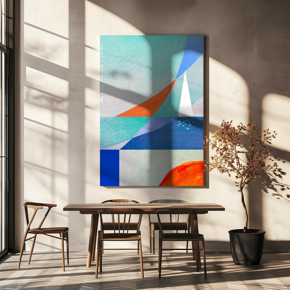 Abstrakt havslandskap med vit segelbåt på Medelhavet, Franska Rivieran, väggkonst | Canvas