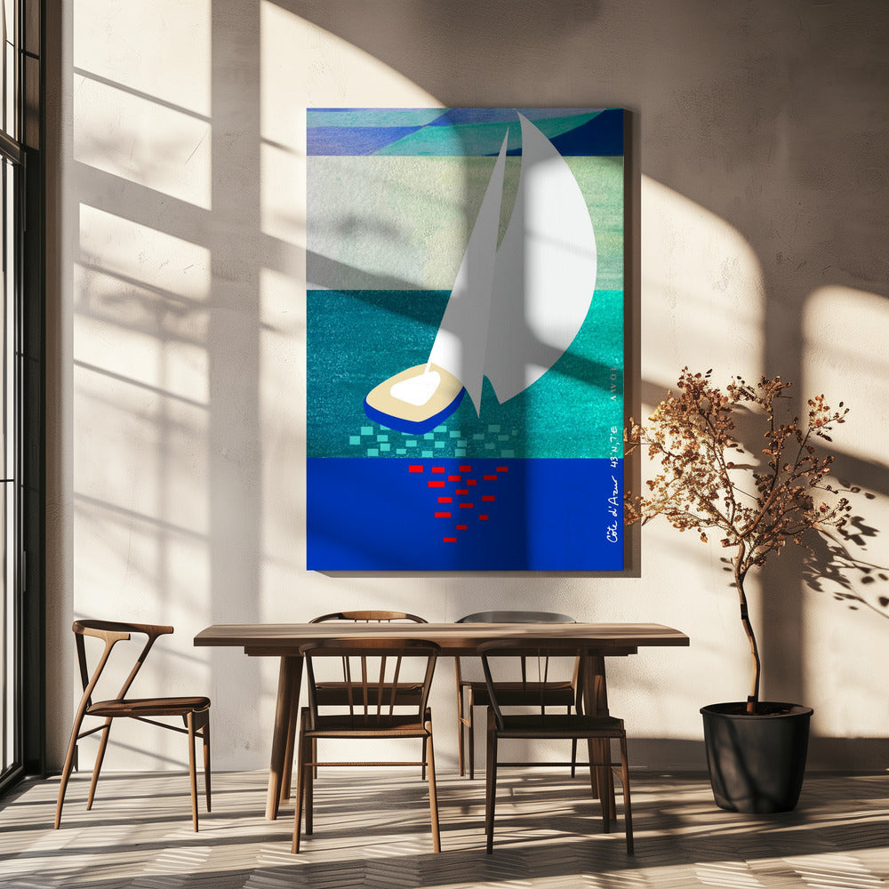 Vit segelbåt på den franska rivieran med reflektioner över havet | Canvas