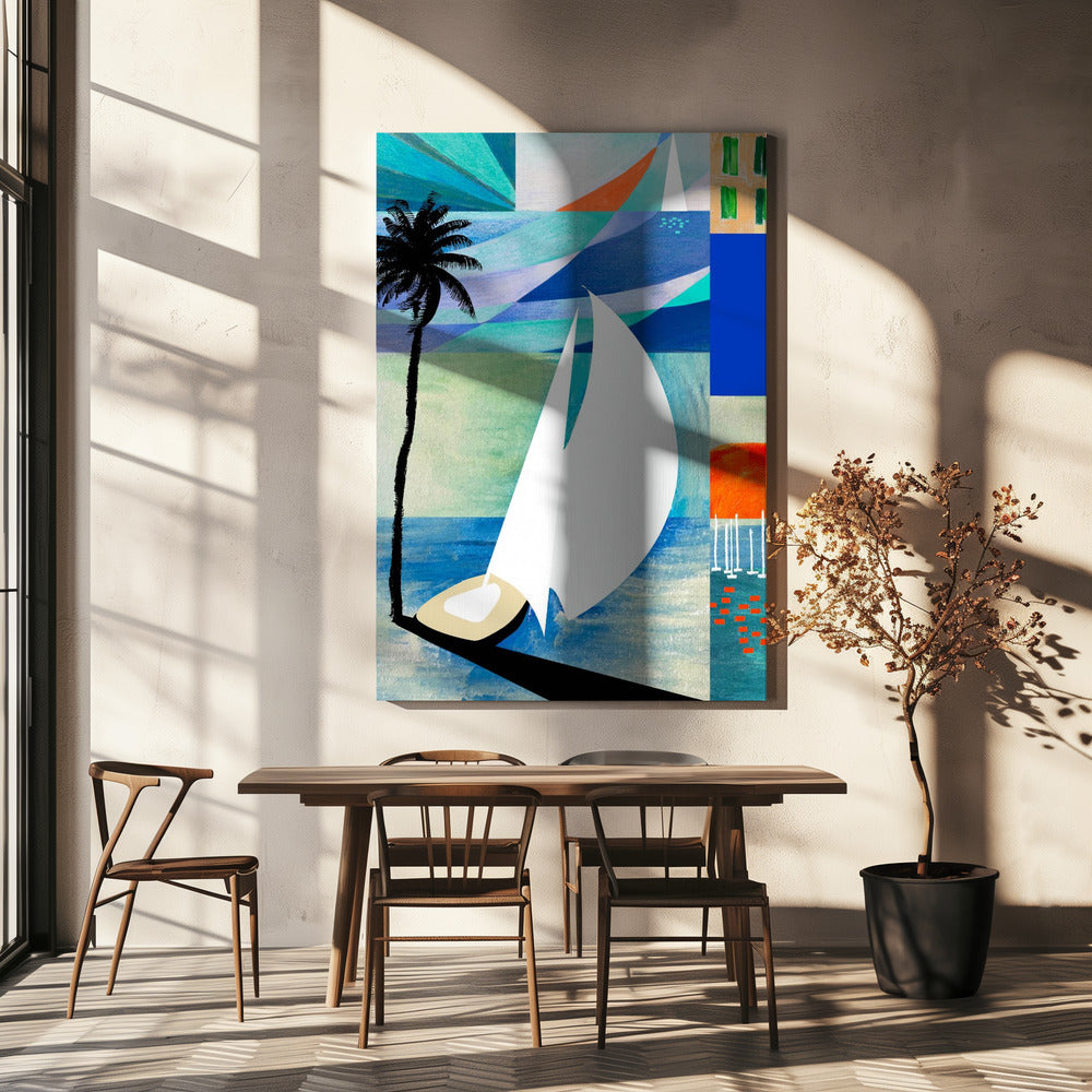 Färgglatt resetryck med medelhavsmotiv och palmträd | Canvas