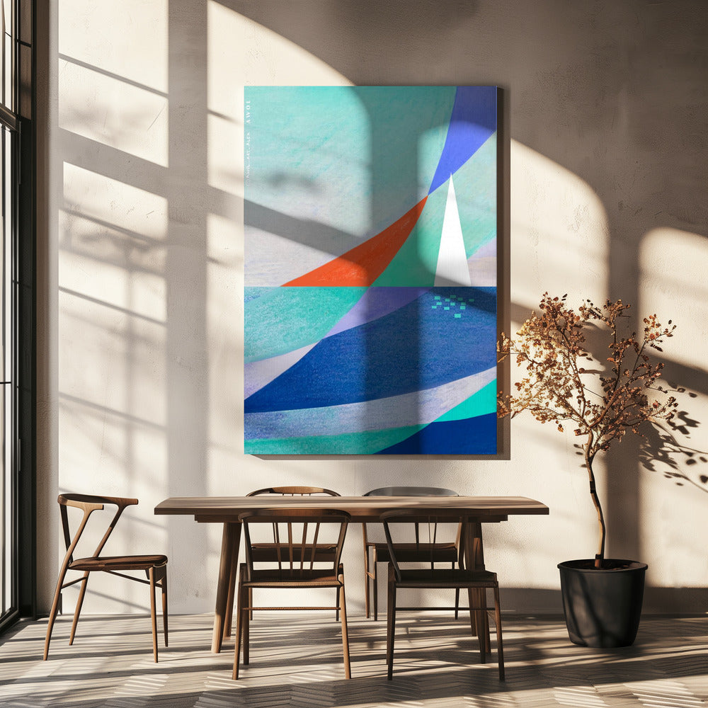 Abstrakt havskonst med minimalistisk vit segelbåt på havet | Canvas