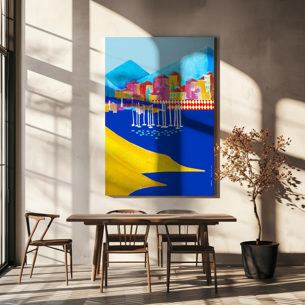 Färgglad hamnstad mellan berg och hav | Canvas