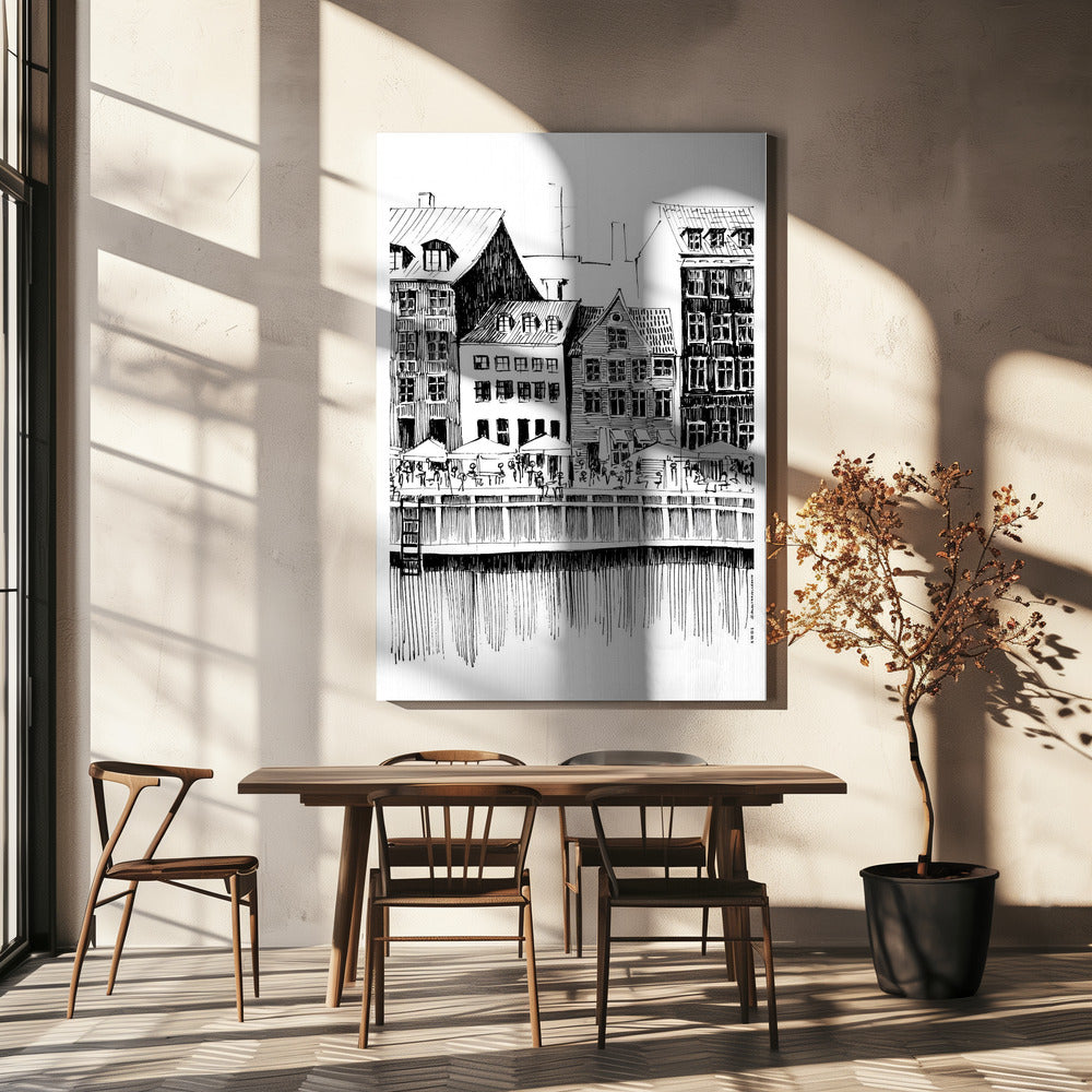 Konsttryck från Köpenhamn, reseillustration från Danmark med kaféer vid vattnet | Canvas