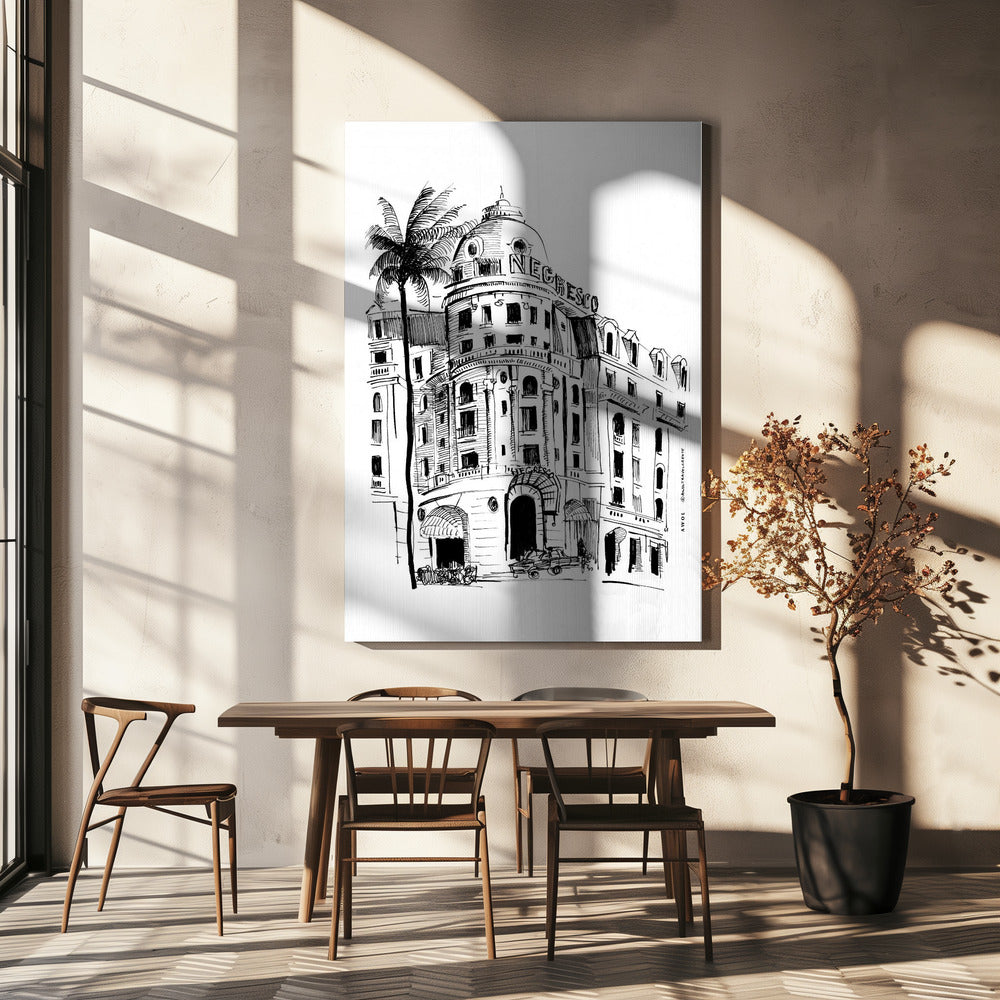Konsttryck på Nice, Franska Rivieran med arkitektonisk ritning av hotellet Negresco | Canvas