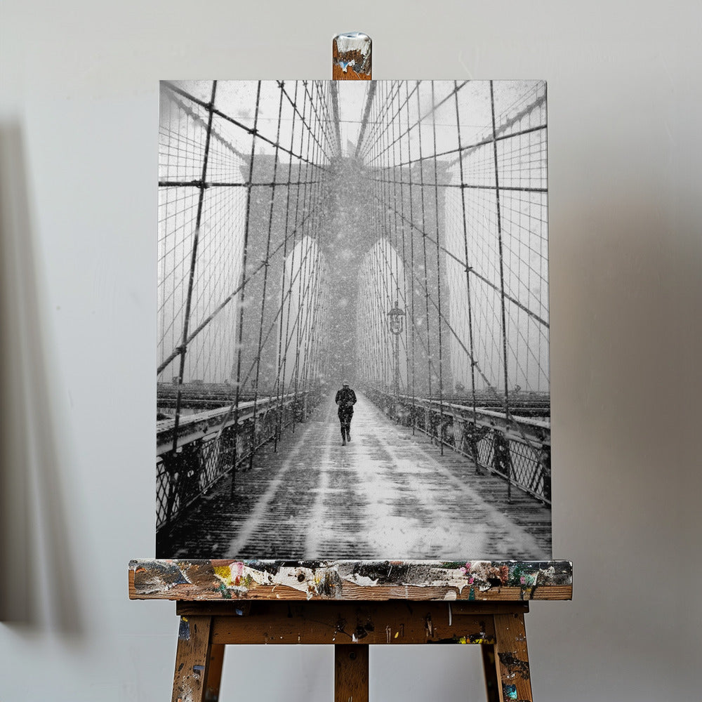 New York Walker i snøstorm - Brooklyn Bridge | Lerretsbilder