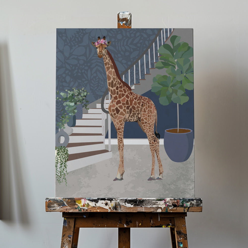 Giraffe by the stairs | Canvas