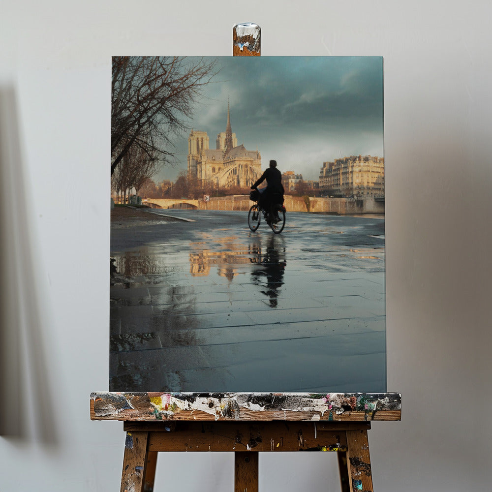 Notre Dame og syklist | Lerretsbilder