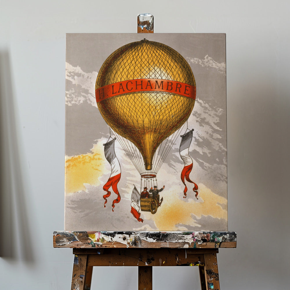 Ballong märkt med två män som rider i korgen 1880 | Duk
