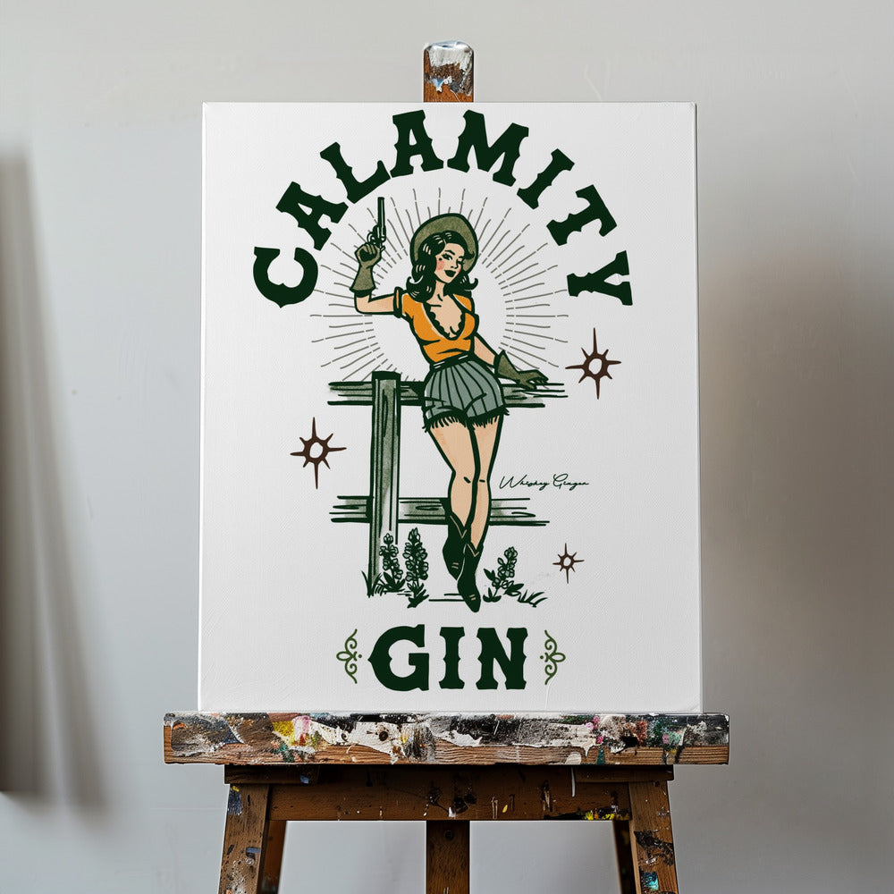 Rolig retro western cowgirl-konst med Calamity Gin | Canvastavla