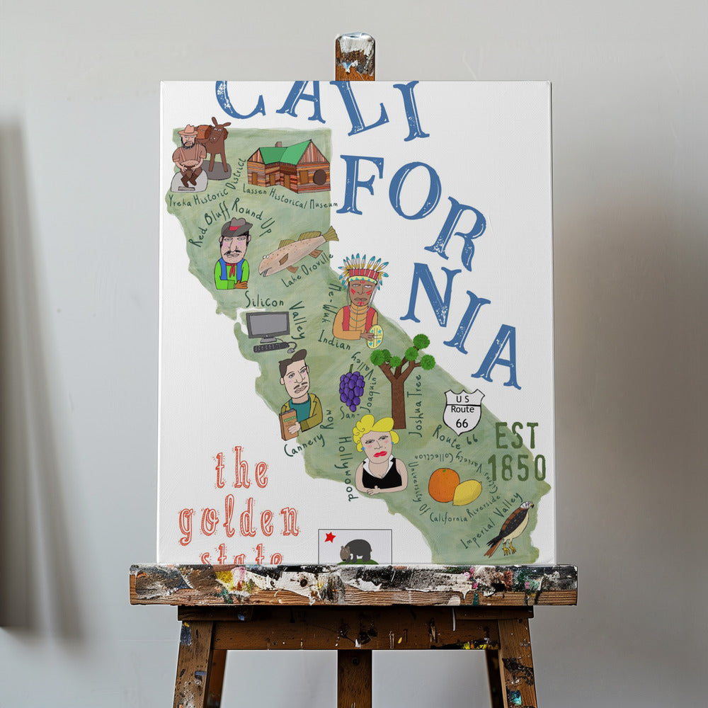 Illustrerad karta över Kalifornien med delstatsikoner av Carla Daly | Canvas