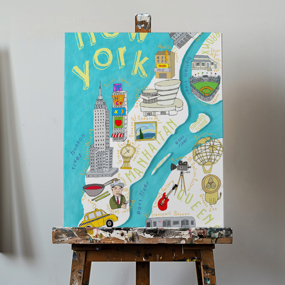 Färgglad illustrerad karta över New York av kartkonstnären Carla Daly | Canvas