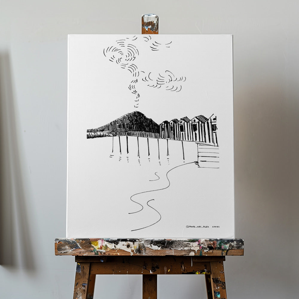 By The Sea In Italy With Beach Huts And Mountain Volcano, Italian Landscape Art Print | Canvas